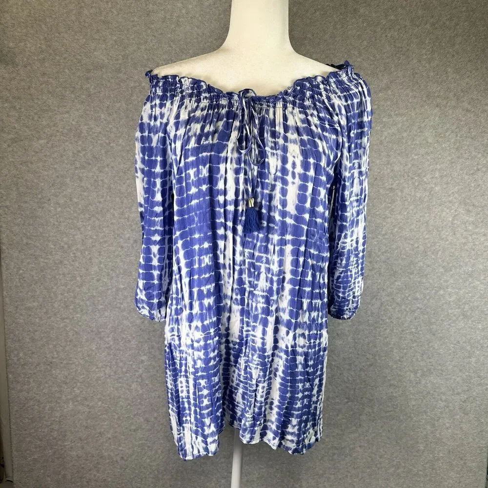 Tie Dye On Off The Shoulder Boho Peasant Hippie Bishop Sleeve Blouse Tunic Small